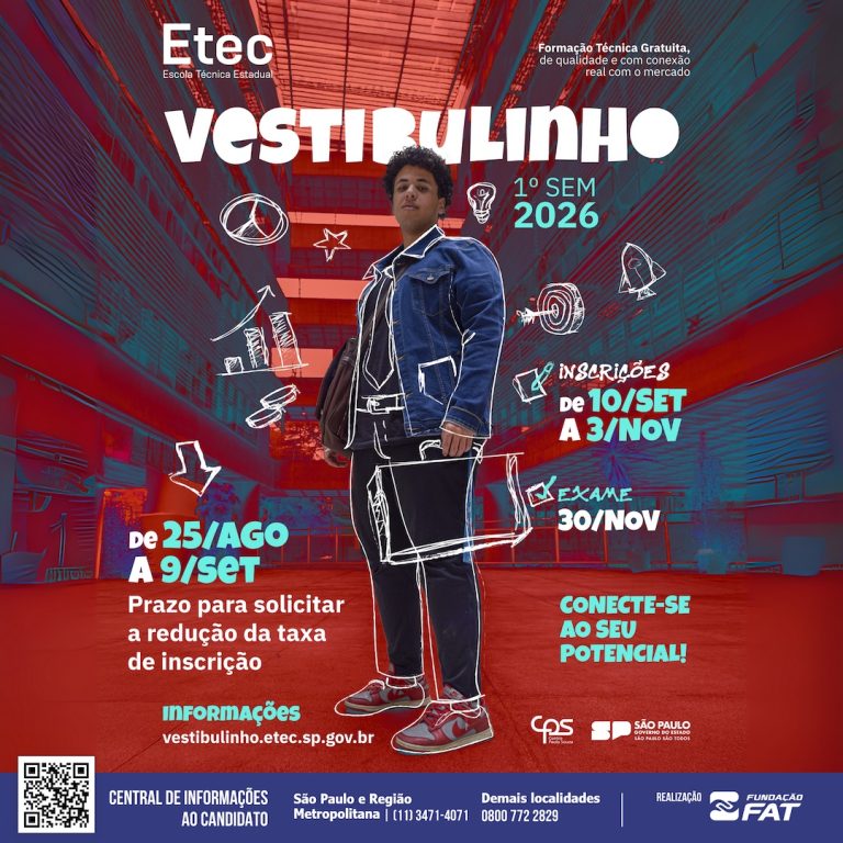 O processo seletivo para os cursos do 1º semestre de 2026 das Etecs já começou!